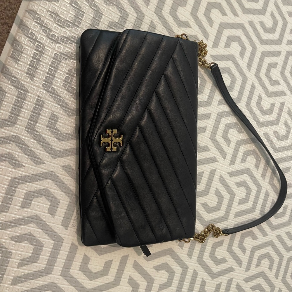 Tory Burch Black Quilted Clutch with Gold Accents